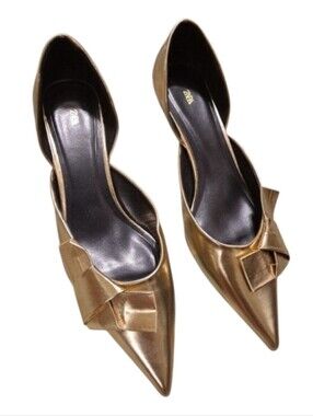 Zara Metallic Gold Pointed Bow D'Orsay With A Kitten Heel